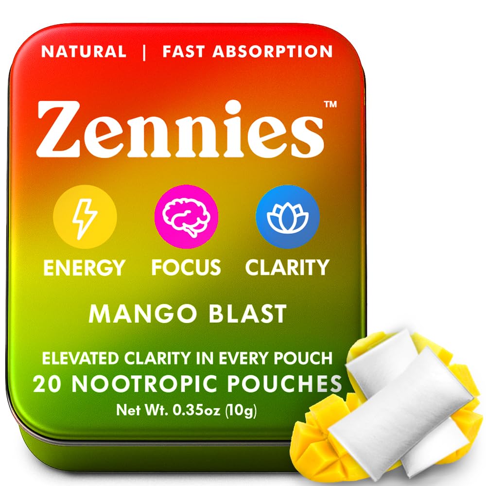Zennies Caffeine Nootropic Pouches with Alpha GPC, L-Tyrosine & L-Theanine, Lion 's Mane, Cordyceps, Reishi - Nicotine Free, No Sugar atau Artificial Sweeteners Nootropic Energy Pouches, Mango Blast 1 PK