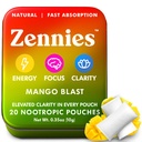 Zennies Caffeine Nootropic Pouches with Alpha GPC, L-Tyrosine & L-Theanine, Lion 's Mane, Cordyceps, Reishi - Nicotine Free, No Sugar atau Artificial Sweeteners Nootropic Energy Pouches, Mango Blast 1 PK