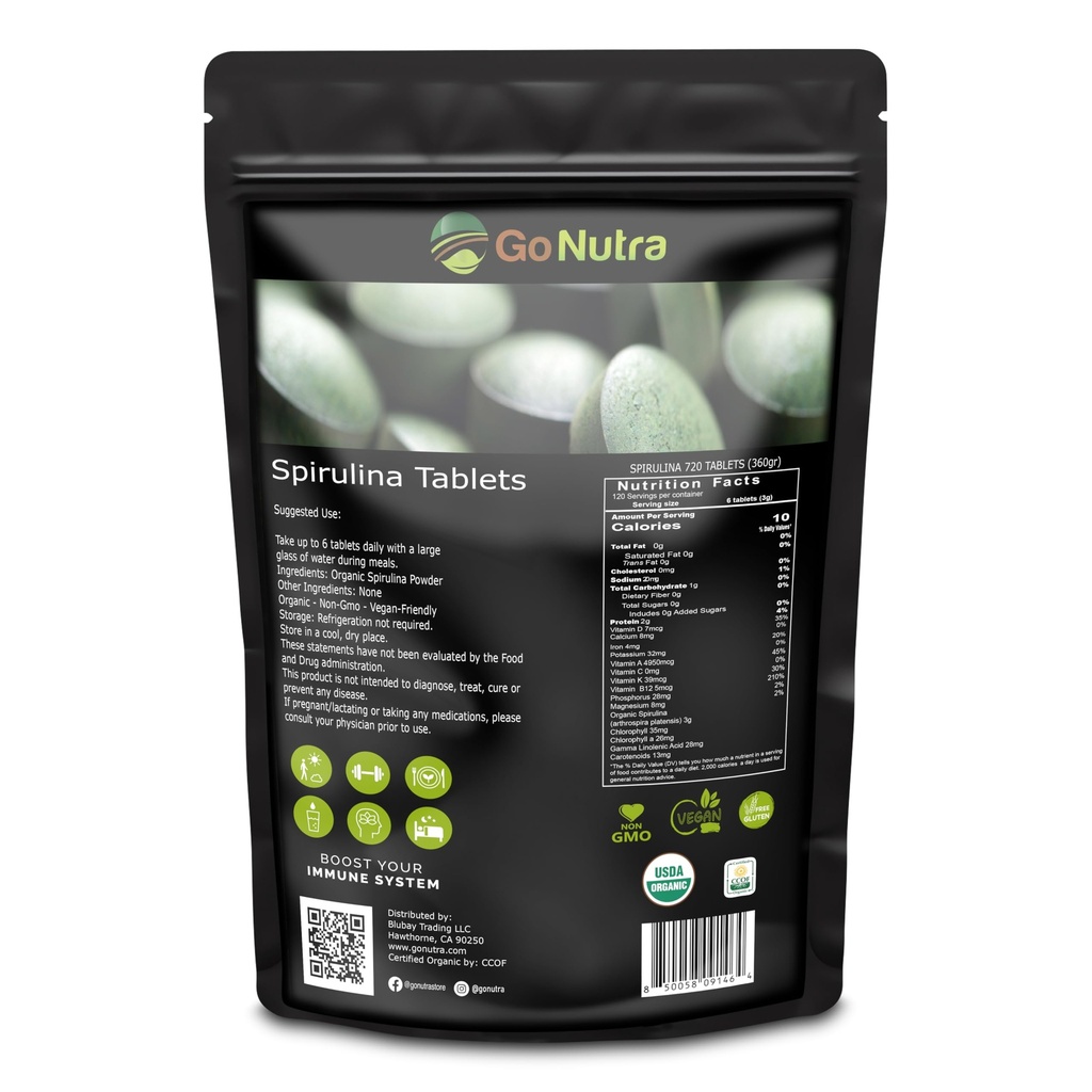 Go Nutra Organik Spirulina Tablet Amino Acids 124; Nutrient Organic Spirulina Superfood, Protein, Vitamin, Minesin, Amino Acids 124; Tidak ada Pelaut, Non-GMO, Vegan 124g, 500 mg, 720 ct, 4 Bulan Supply