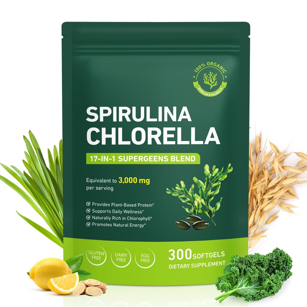 Spirulina Chlorella Capsules 3100mg -Vegan Green Superfood, 50 / 50 Algae Blend for Immune Dukung & Energy -Rich in Protein, Chlorophill, Vitamin & Minemins, 300 Capsules