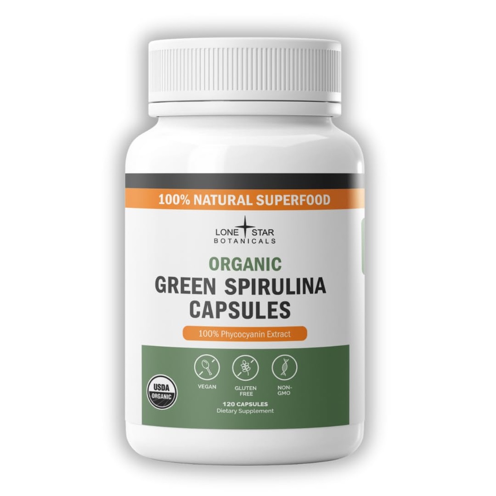 Lone Star Botanicals Organic Spirulina Kapsul - 100% Pure Blue- Green Algae, No Fishy Smell, Superfood Suplemen, Vegan, Non-GMO, Gluten- Free (120 Count, Green Spirulina)