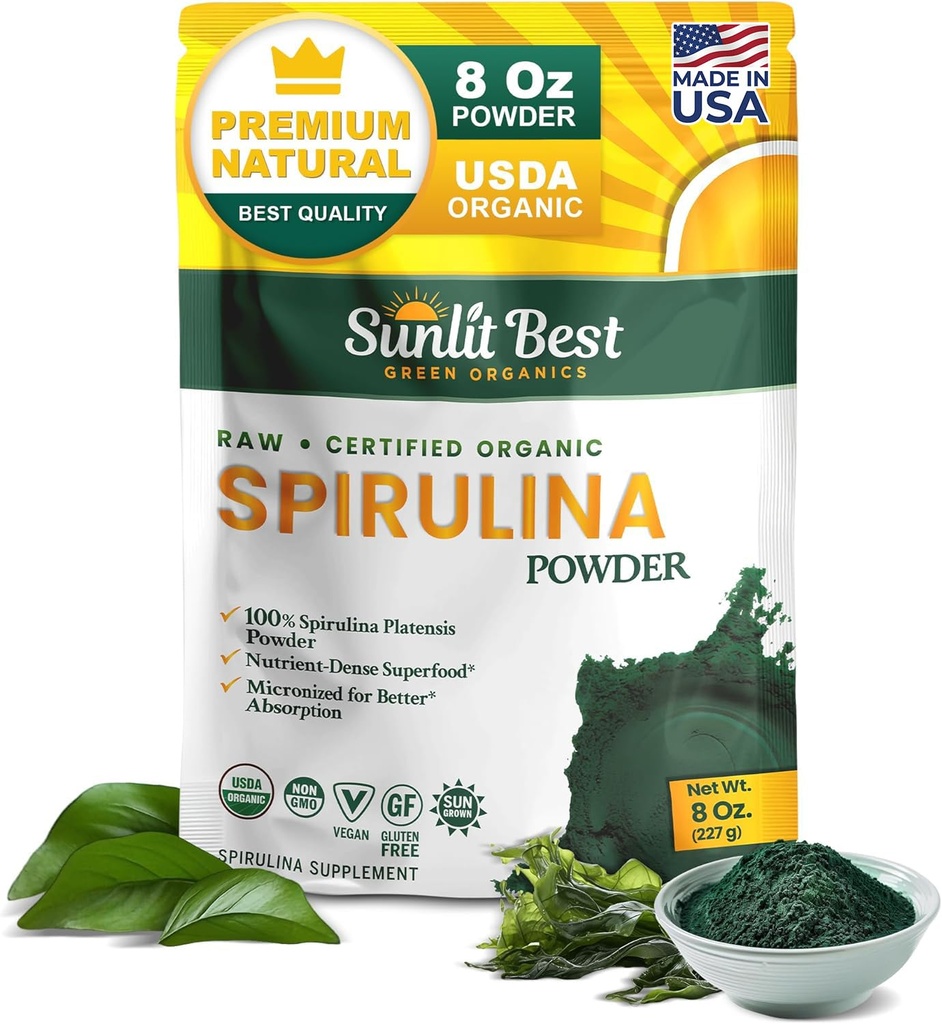 Sunlit Best Spirulina Powder Organik USDA - Chlorofil, Absorpsi Cepat, Blue- Green Spirulina Alga, Raw Vegan Protein - Non-GMO, Gluten Free Superfood Energy, Gut, Immune Support Suplemen - 8 Oz