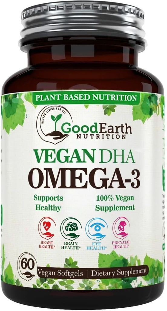 Algal Oil - Vegan DHA Omega 3 Suplemen Minyak Ikan - Brain Booster, Suplemen & Prenatal Vitamin -Menyediakan Jantung Kesehatan & Imune Dukungan - Dibakar Alga - 60 Mini Fish Softgels