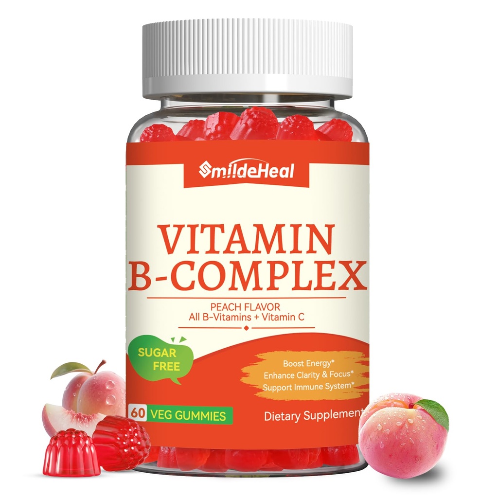 Vitamin B Kompleks Gummies for Women & Men - Vitamin B12, B1, B2, B3, B5, B6, B7 & B9 - B Kompleks dengan Vitamin C & Choline - Energy & Imune Dukungan * - Vegan, Sugar Free, Peach Flavor - 60 Gummies