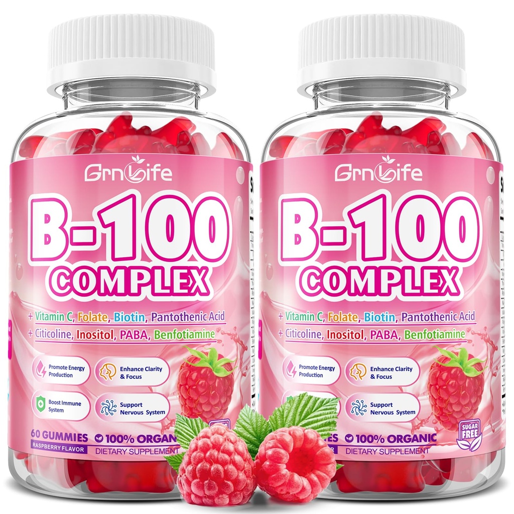 2 Pack Vitamin B Complex Gummies, All B Vitamin + Metmin B12, B1, B2, B5, B6, Biotin, Methyfolat, Vitamin C, Choline, Inosiol, PABA for Energy & Imune Dukungan, Raspberry, 120 Count
