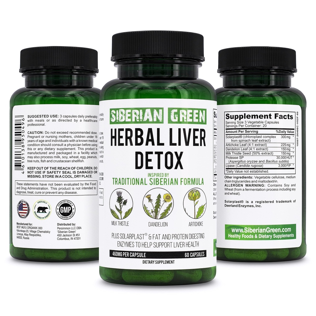 Siberian Green Herbal Detox dengan Milk Thistle Artichoke Dandelion 60 Capsules - Tradisional Siberia Formula Plus Enzymes untuk Mendukung Kesehatan Hati