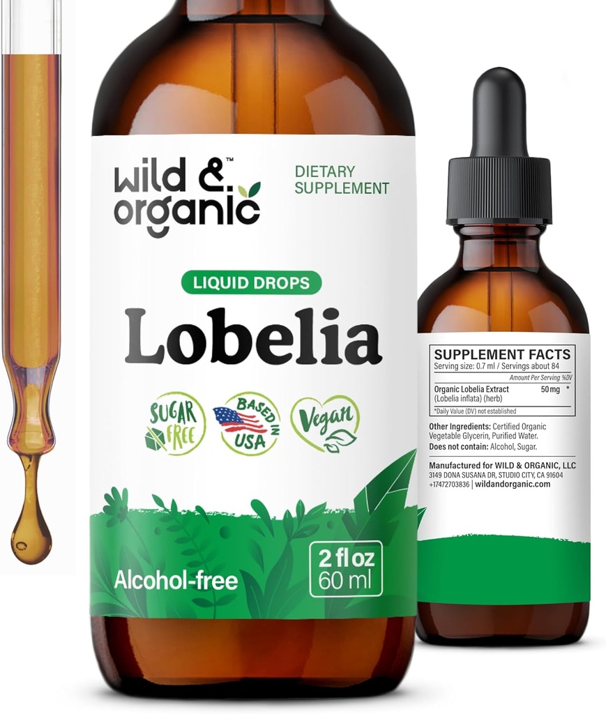 Wild & Organic Lobelia Tincture - Herbal Lung Cleanse and Detox - Liquid Lobelia Extract Suplement - Vegan, Sugar & Alcohol- Free Herb Drops - 2 flf oz