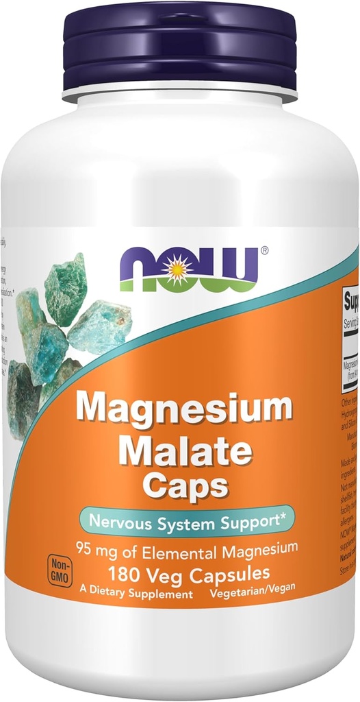 Sekarang Suplemen Makanan, Magnesium Malate Caps dengan 95 mg Magnesium Elekmental, Dukungan Sistem Gugup *, 180 Veg Capsules