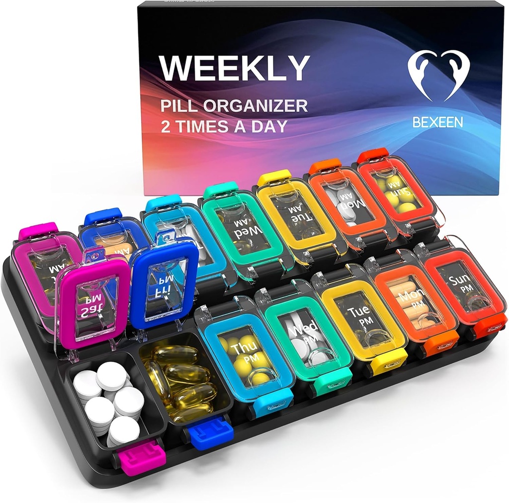 Extra Large Weekly Pill Organizer 2 Times A Day - Kotak Pil Rangka 7 Hari - Am Pm Vitamin Kasus - Kontainer Kedokteran Dua Penakitan Minggu Penyimpanan Kesehatan Harian XL Dua kali Med Sorter Cute