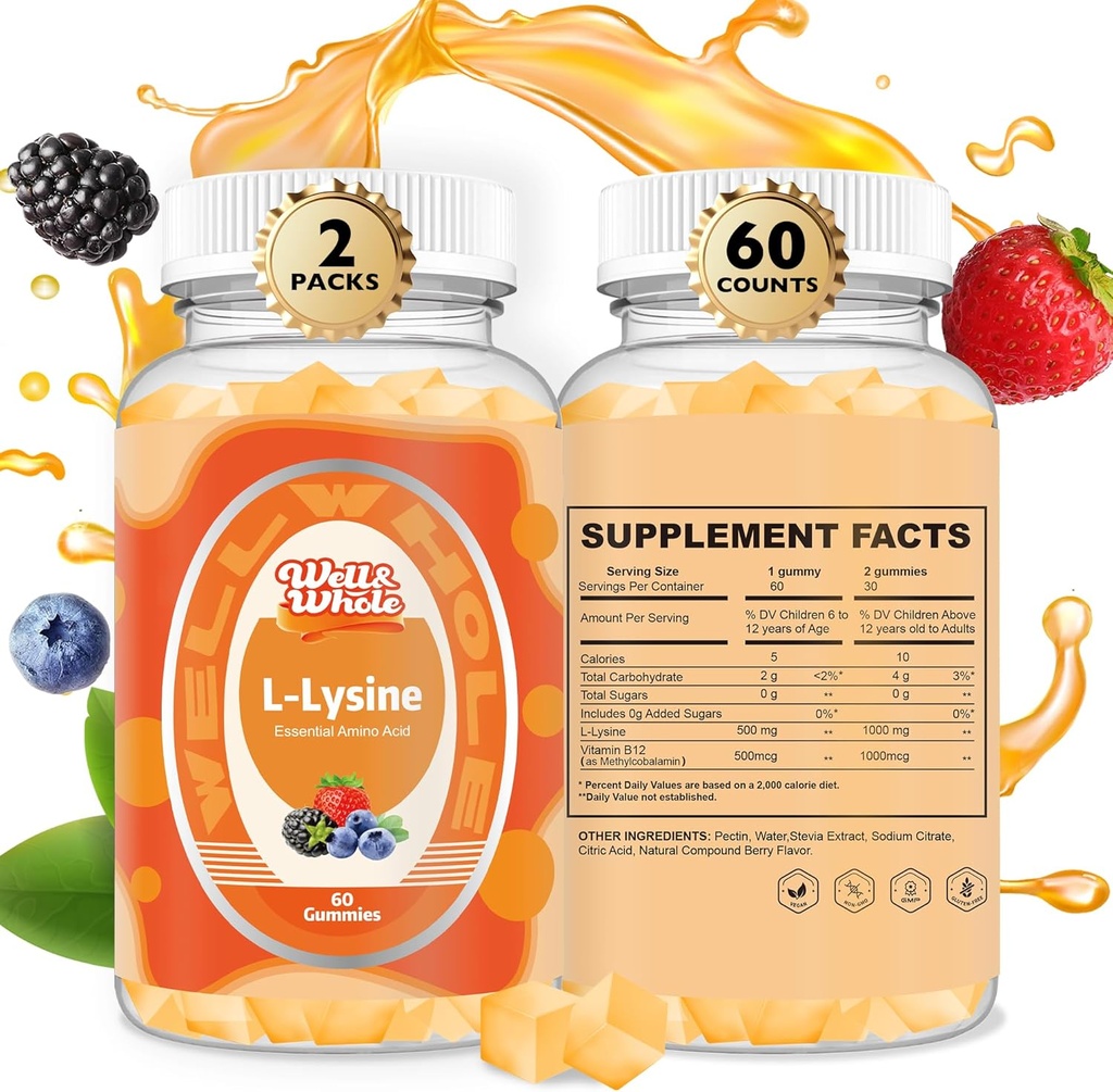 L- Lysine Gummies 1000mg - L- Lysine Suplemen untuk Anak-anak dan Orang dewasa - Lip dan Sore Dingin * Dukungan untuk Perempuan - Chewable Lysine Gummies dengan Vitamin B12 - Vegan, Non GMO, Gluten- Free, 120 Counts
