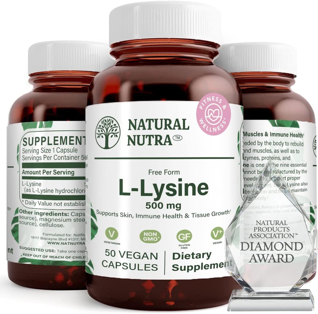 Natural Nutra L Lysine HCI, Promotes Calcium Bone Health and Growth, Dukung Skin Health, Improve Vitamin C Absorpsi, Helping Built Collagen, Impreve Calcium Absorpsi, Non-GMO, Vegan, 500 mg, 50 Capsules.