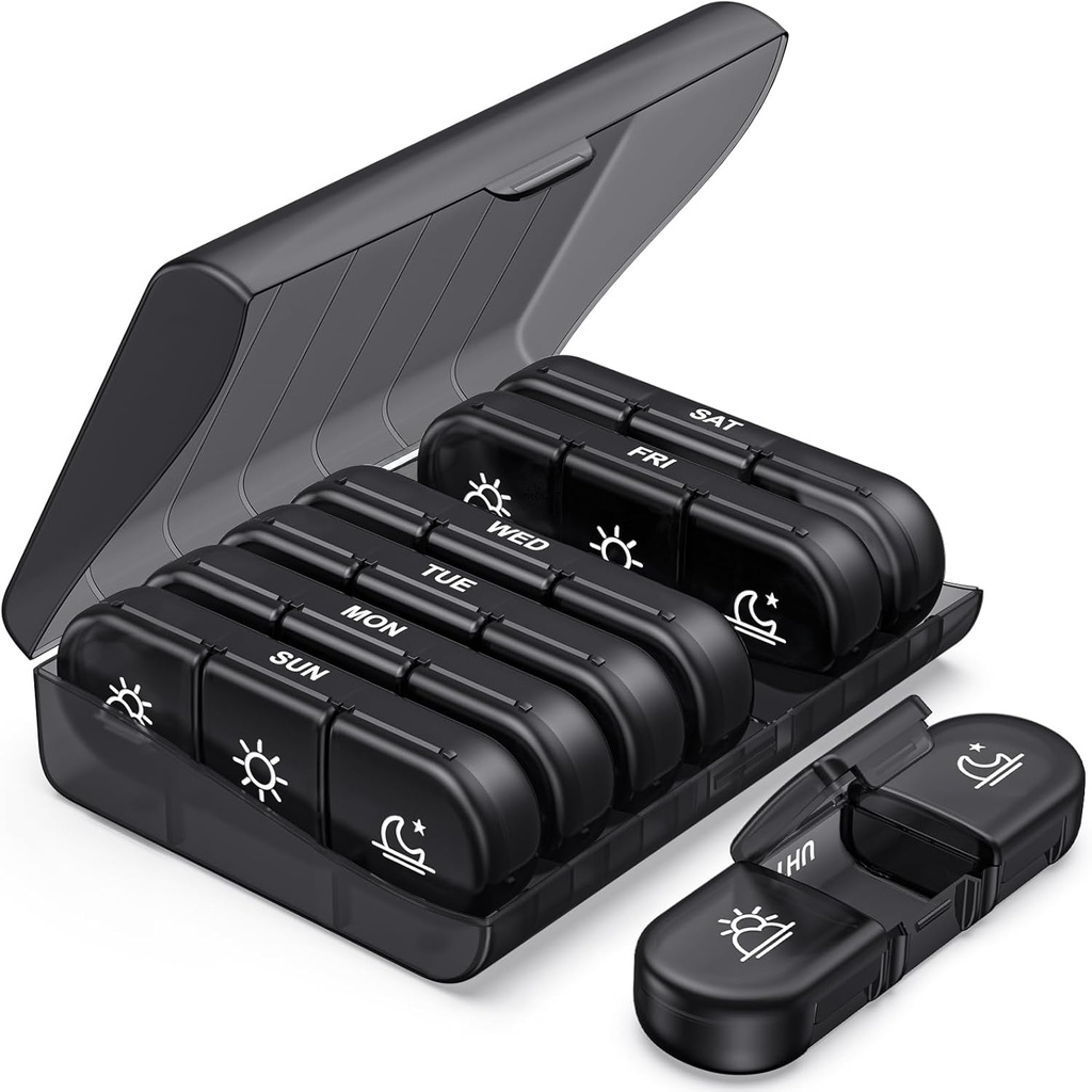 PULIV Weekly Pill Organizer 3 Times sehari, Portable Travel Pill Box 7 Day dengan Large Pil Containers, Light- Proof Pil Kasus untuk Vitamin, Medication, Suplemen dan Fish Oils (Hitam)