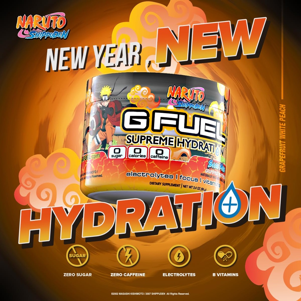 GGFuel Naruto Sage Supreme Hydration, Electrolite Powder Mix for Energy & Focus, Sugar & Caffeine Free Supplement with Esculity Vitamin & Mineces, Grapefruit Whitepeach Flavor, 3.3 oz - 30