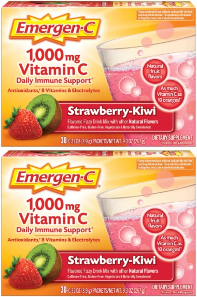 Emergen- C 100mg Vitamin C Powder, Strawberry Kiwi Flavor, Antioksidants, B Vitamin dan Electrolite, Vitamin C Suplemen Imune, 30 Count (Paket 2)
