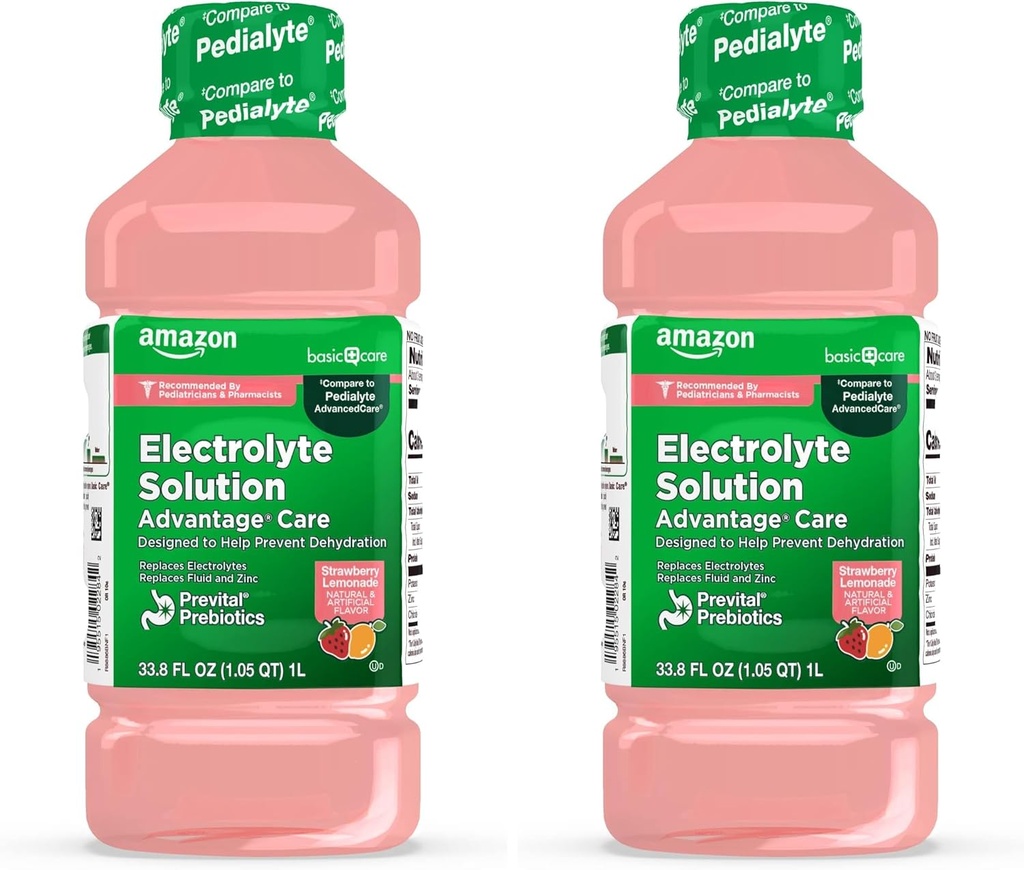 Adviously Care Electrolite Solution with Prevital, Strawberry Lemonade, Hydration Drink, Replenish Electrolite, Fluid & Zinc, 33.8 Fl Oz (Pack of 2)