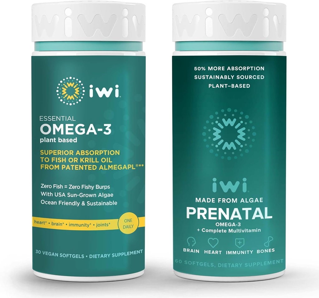 Iwi Omega-3 Estial & Prenatal Multivitamin Bundle, 30 hamba, Vegan Plant - berbasis Algae Omega 3, Krill & Fish Oil Alternatif, tidak ada Fishy Aftertaste