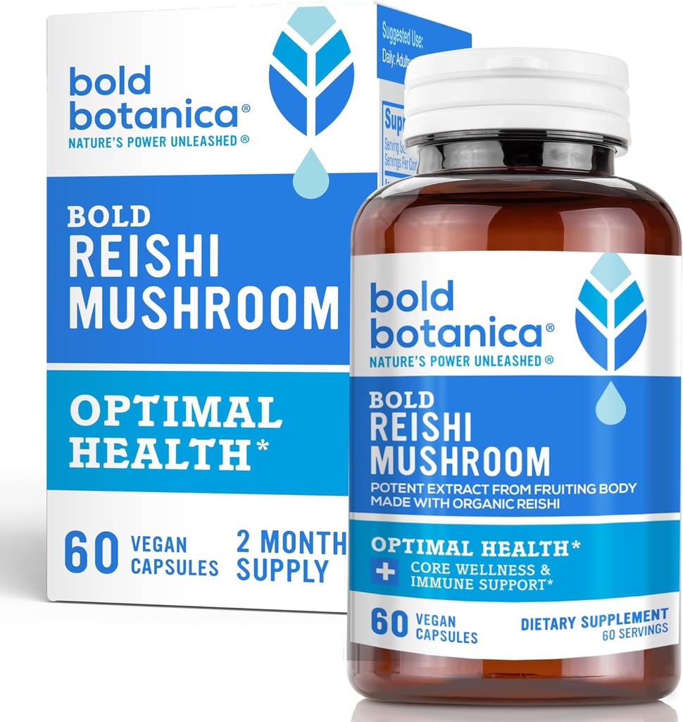 Boteanica Reishi Mushroom Capsules - 100% Fruiting Body - Ekstrak Organik Reishi Terkonsentrasi untuk Dukungan Imune & Core Wellness - Tidak ada Mycelia & No Grain - 60 Vegan Capsules