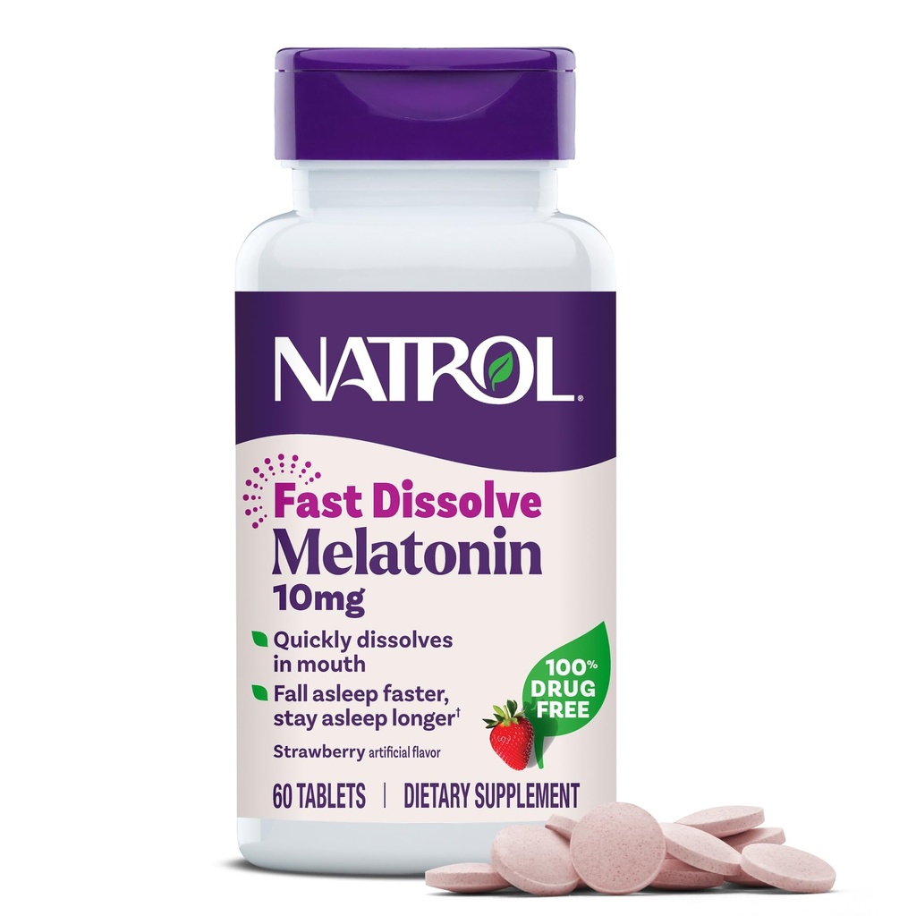 Natrol Melonatin 10mg Quast Dissolve Tablet - Strawberry Flavor, 60 Count, Sleep Duet, Quast Dissolve Meltonin untuk Dewasa, 60- Day Supply