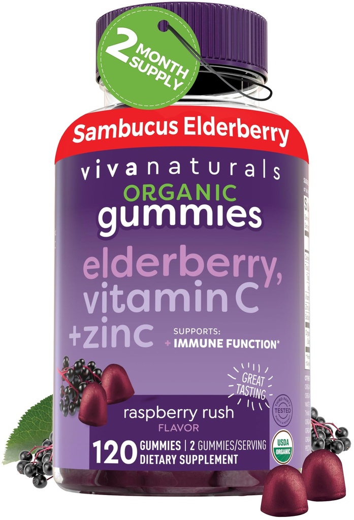 Viva Sambucus Elderberry Gummies Organik (120 Count) - 3in1 Black Elderberry Vitamin C dan Zinc Ammune Dukungan Gummies, Suplemen Elderberry Chewable, Zinc Immunity Gummies