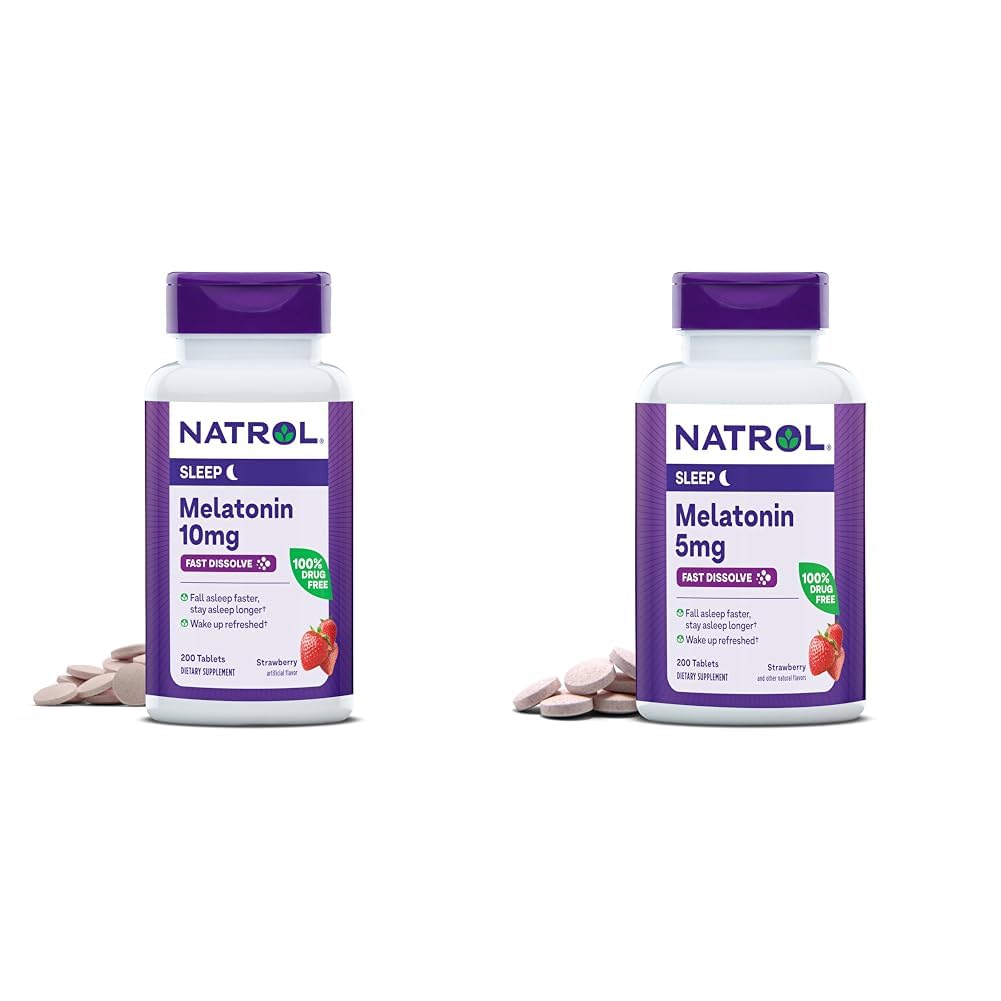 Natrol Melonatin 10mg 200 Tablet & 5mg 200 Tablets Strawberry- Flavored Fist- Dissolve Tidur Mendukung Tambahan Dieter Bundle