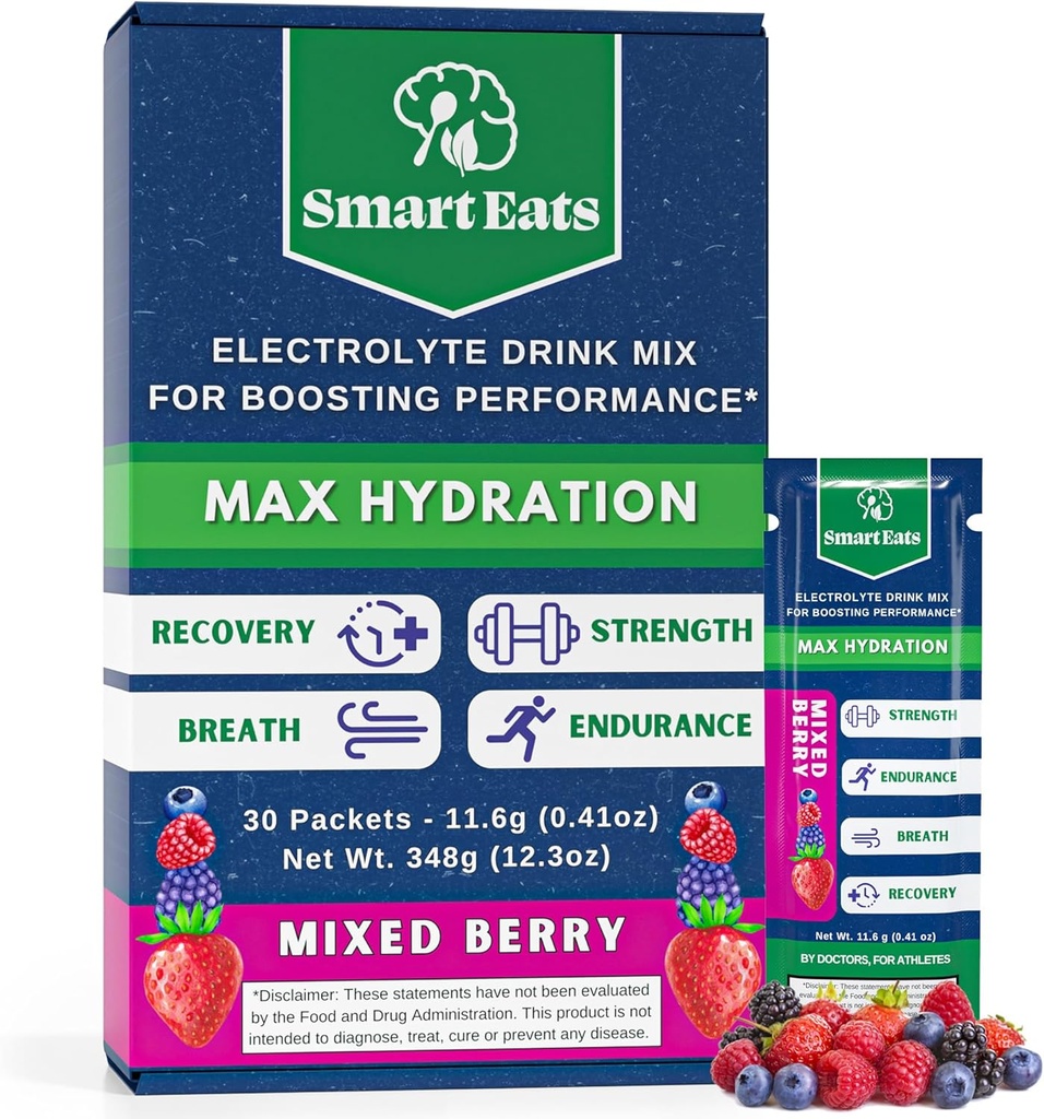 Smart Eats Electrolite Powder - 1.690mg Electrolytes, 9 Escerous Minemins & Vitamin, 5 Antioksidan Rapid & Energizing Hidration, Designed by Doctors, < 1 Gram Sugar, Sour Berry Flavor - 30 Paket
