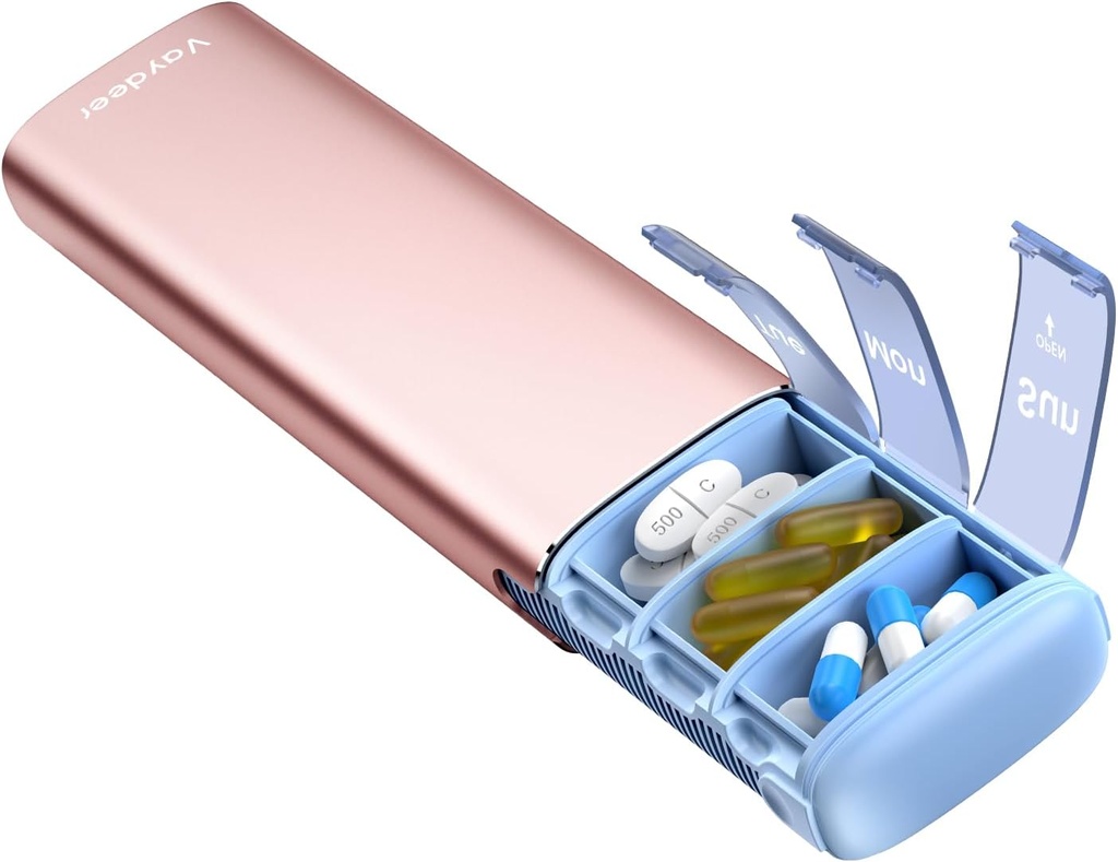 Vaydeer Metal Travel Pill Organizer, 7 Day Weekly Pill Box, Large Capacity Daily Cull Case for Suplemen, Pil, Vitamin dan Obat (Small, Rose Gold)