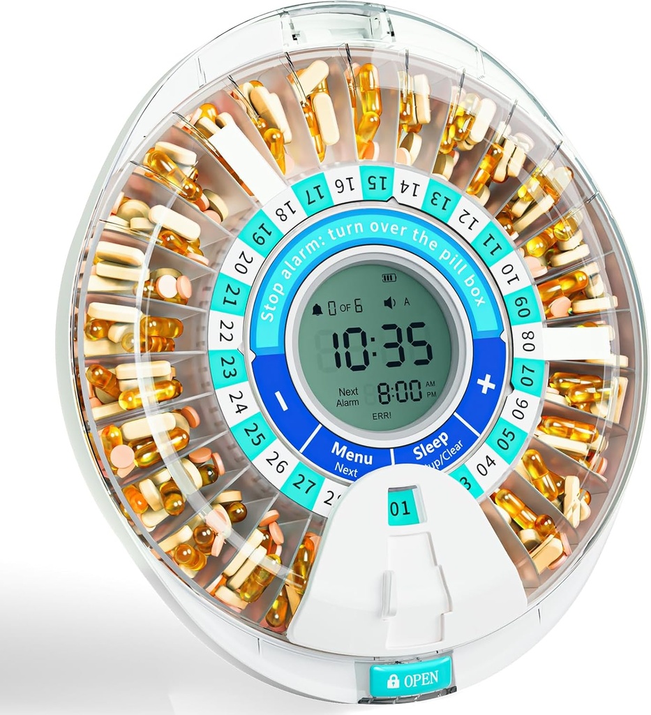 Windtrace Otomatis Pill Dispenser untuk Elderly, Electronic Monthly Pill Organizer dengan Alarm & Light, 28 Day Smart Lock Medicement, Timed Pill Dispenser Machine untuk Prascriptions & Vitamin