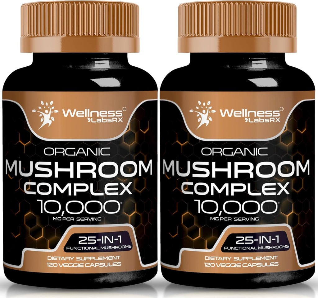 WelLNESS LABSRX Mushroom Pasokan 10: 1 Ekstrak, Kompleks Mushroom Capsules 1000mg, Limons Mane Suplemen Turki, Cordyceps, Reishi - 2 Pack