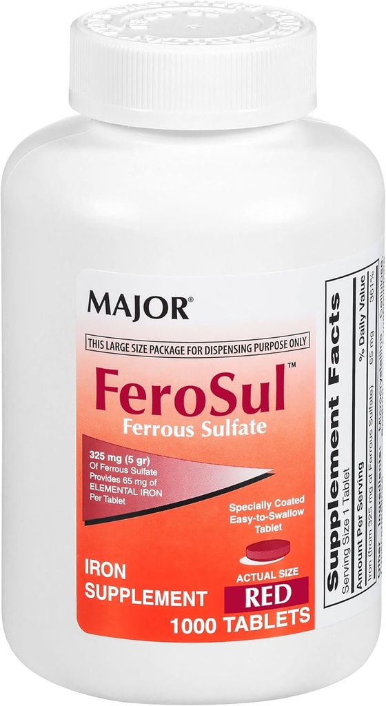 Mayor FeroSul - Ferrous Sulfate 325 mg Tablet - Iron Suplement for Women and Men - Specially Coated Eister-to-Swallow Tablet - Merah - 1000 Tablet