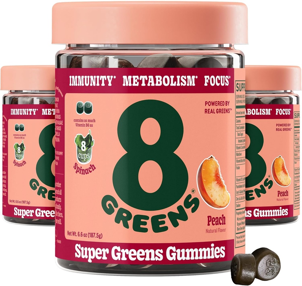 Super Greens Powder Gummy Superfood untuk Metabolism, Imunity & Focus, Digetical Health Enzymes, Organic: Chlorella, Spirulina, Aloe Vera, Peach Flavor, 150 Count