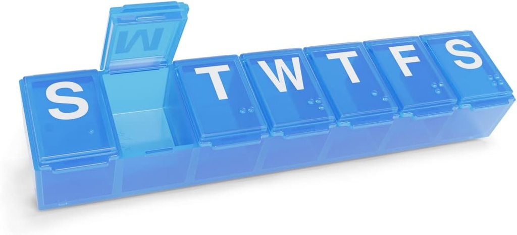 EZY DOSE Weekly (7-Day) Pill Organizer, Medicine Planner, Vitamin Organizer Box, Case for Suplemen dan Oil Ikan, Konvenient dan Easy to Use Medium Comparts, Travel Frid, Blue, BPA Free