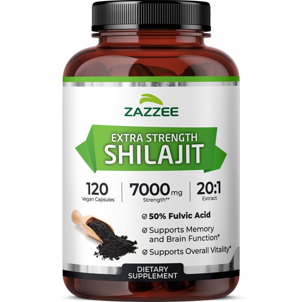 Zazzee 100% Pure Himalaya Shilajit 20: 1 Ekstrak, 7000 mg Kekuatan per Kapsul, 50% Fulvic Acid, 120 Pelayan per Botol, 20X Potensi, Rich in Trace Mineces, Non- GMO, Vegan, Dibuat di Amerika Serikat