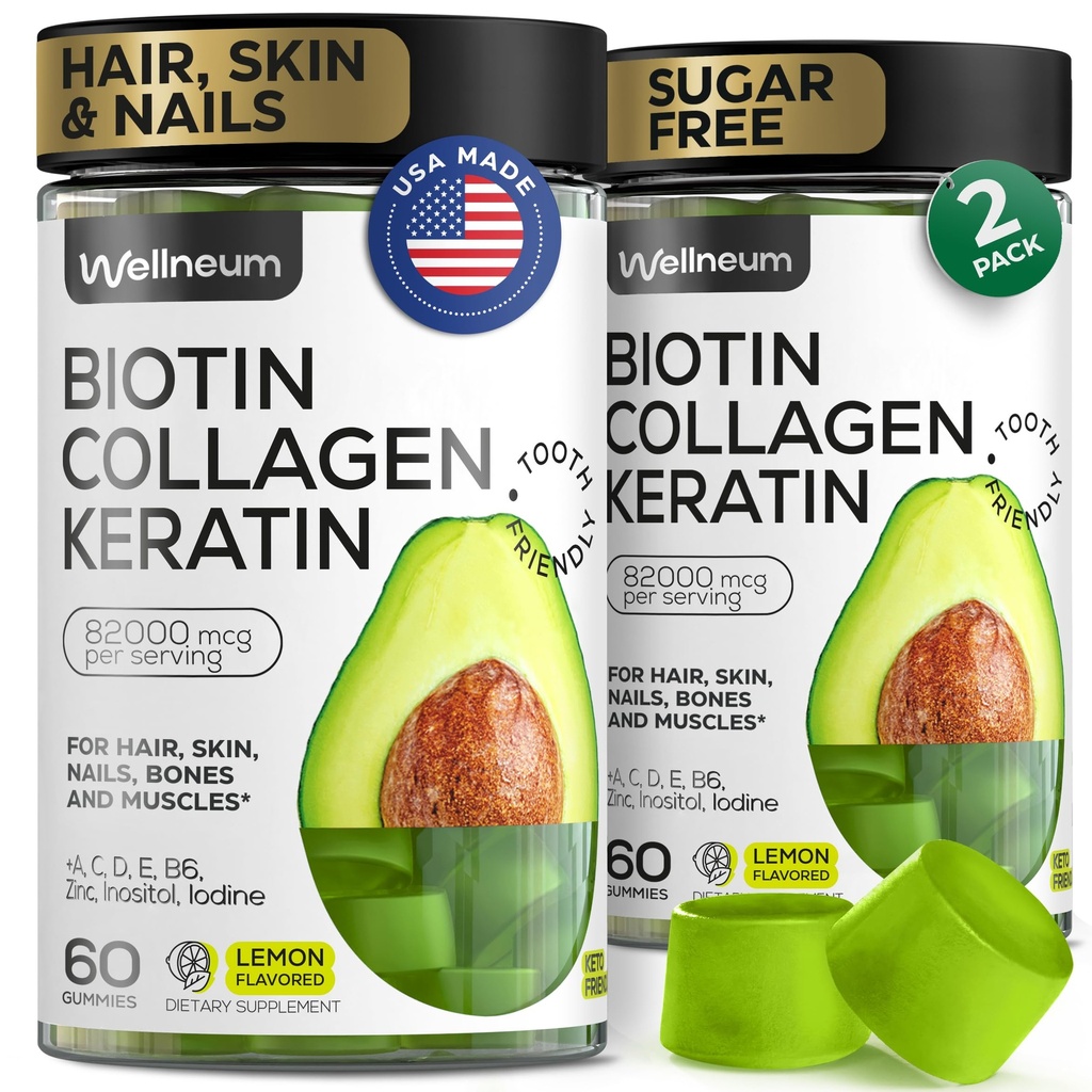 Biotin dan Collagen Peptide Gummies untuk Pertumbuhan Rambut, Skin dan Nails 120 Pcs (2 Paket) - 82000 Mcg - Biotin Chewables dengan Kertin Max - Gummies Kecantikan untuk Perempuan dan Pria - Gula Bebas, Non-GMO