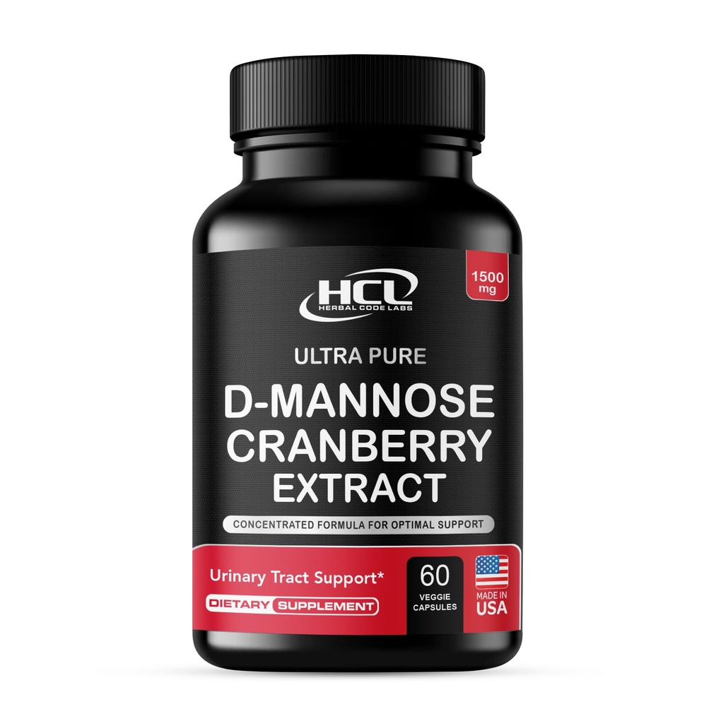HCL HERBAL CODE LABS D-Mannose dengan Cranberry Extract Capsules 1500mg - Potency Tinggi USP Tingkat D-Mannose Suplemen dengan Whole Fruit Cranberry Powder