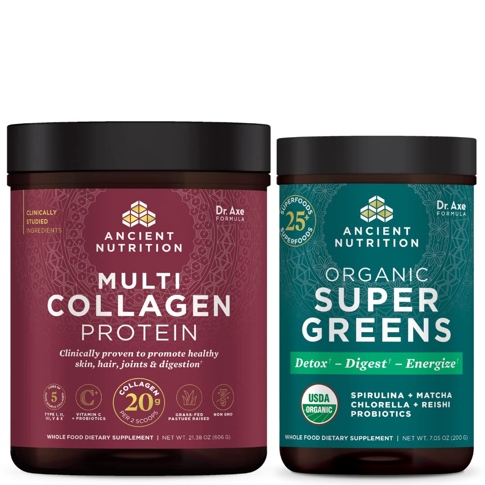 Nutrition Ancient Multi Collagen Protein Powder, Unflashored, 60 Servings + Supergreens Powder, Greens Flavor, 25 Servis