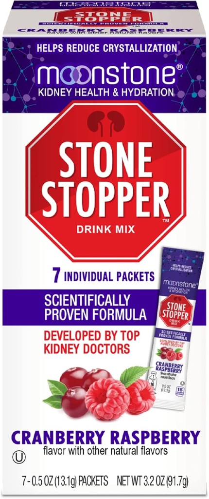 Moonstone Kidney Stone Stopper Drink Mix Cranberry Raspberry, Outplays Chanca Piedra & Kidney Suplemen Dukungan, dikembangkan oleh Urologist untuk Mencegah Kidney Stones & Meningkatkan Hidration, 7 Hari Suppply