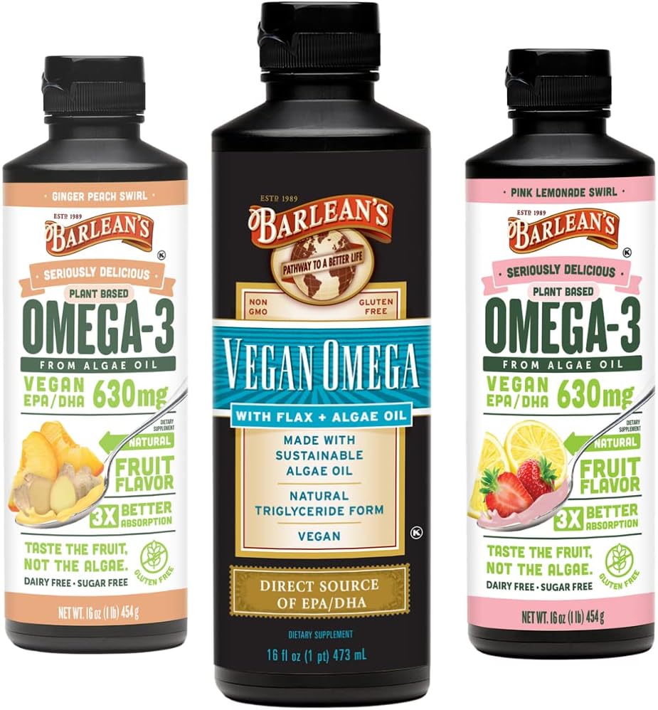 Barlean Vegan Omega 3 Algae Oil Limid Bundle, termasuk Flaxseed dan Algae Oil Blend, Ginger Peach, dan Pink Lemonade Flavors, EPA dan DHA Fatty Acids