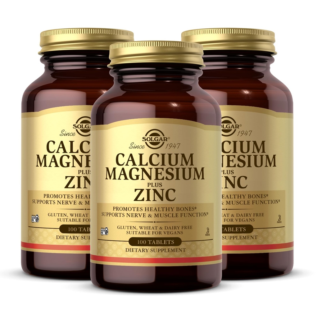 Solgar Calcium Magnesium Plus Zinc, 100 Tablet (Paket 3) - Promotes Healthy Bones and Teeth - Support Nerve & Muscle Fungsi - Non-GMO, Vegan, Gluten Free, Dairy Free, Kosher - 100 Total Pelayan