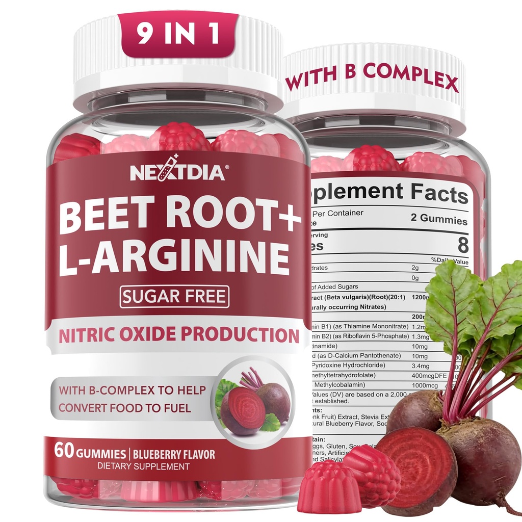 Akar Gummies & L-Arginine, Nitric Oxide Suplemen untuk Pria & Wanita w / Organic Beets, B1, B2, B3, B5, B6, B12 untuk Boost Energi & Sirkulasi Dukungan, Sugar Free, 120 Cts