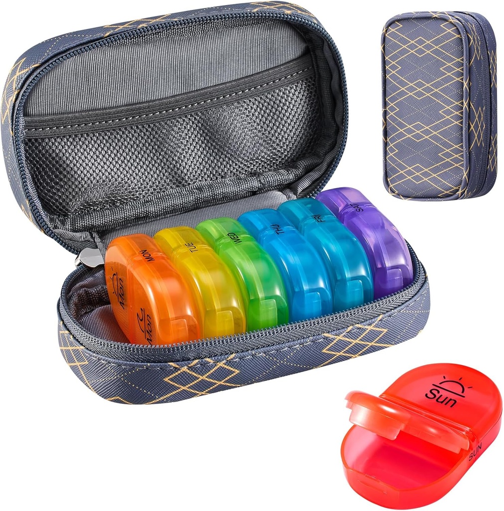 Serfeymi Weekly Travel Pill Organizer 2 Kali sehari Hari AM PM Upgraded Rainbow Pill Box 7 Hari dengan Kasus Portable Zpper PU Leather Pill, Medical Organizer for Pills, Vitamin, Fish Oils 01