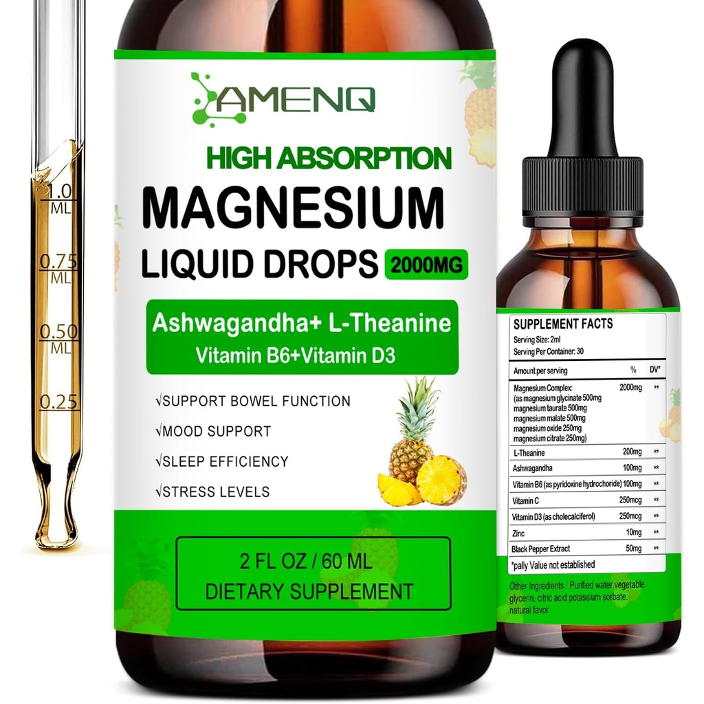 Liquid Magnesium Suplement, Organic 5-in-1 Magnesium Complex Drops None Glycinate, Taurte, Oxide, Malate, Citrate w / L- Theanine, Ashwagandha untuk Cortisol, Sleep *, Stress, Muscle,