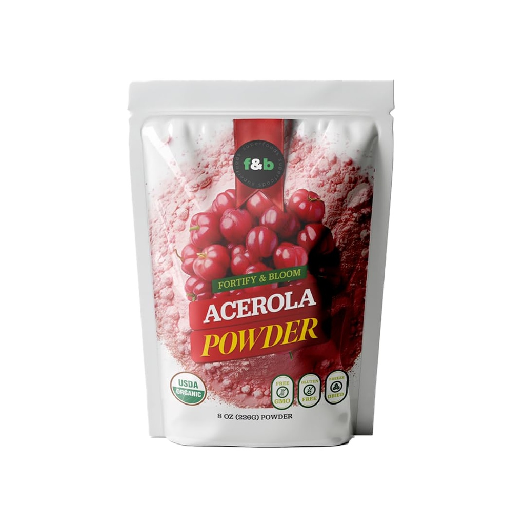 f & b superfood Pure Organic Acerola Cherry Powder Freeze Dried (8oz), Organic Vitamin C Powder untuk Sistem Booster Ammune, Smoothie, Cherry Juice, acerola Vitamin c Bulk Powder, Brazil Origin.
