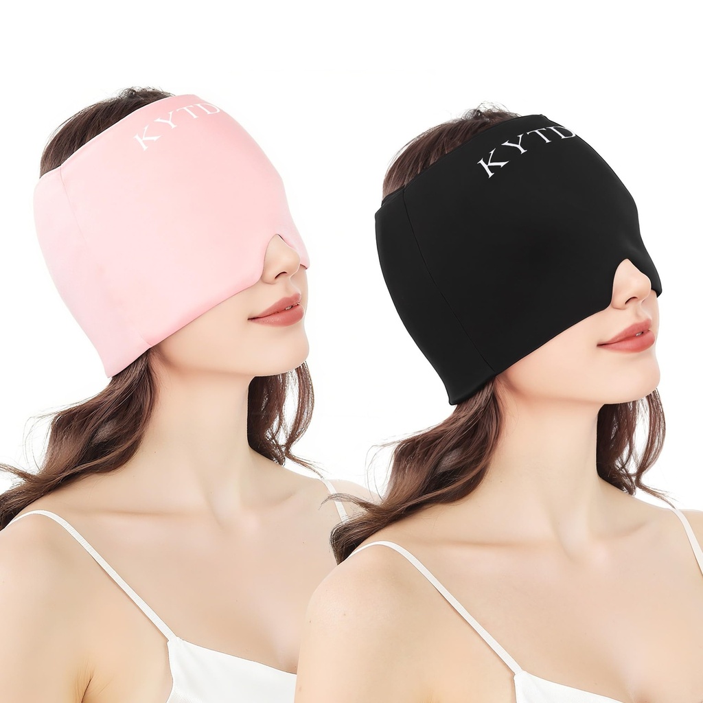 Migraine Relief Cap Gel Ice Head Wrap - Hot & Cold Therapy Soothing Headache Hat Ice Pack Mask, Headache Relief Wrap for Tension, Stress, Hangover&Puffy Eyes,Black&Pink, 2PC((Gift Eye Mask))