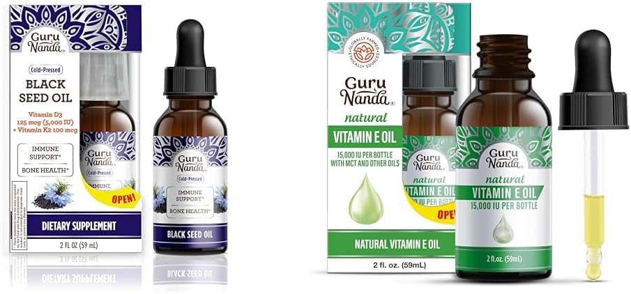 GuruNanda Minyak Benih Hitam, Cold- Menekan Nigella Sativa - Kaya di Vitamin D3 5000 Units, K2 & E & Vitamin E Oil (2 Fl Oz) - 100% Murni & Natural, 15.000 IU per Botol untuk Skin, Rambut, Wajah