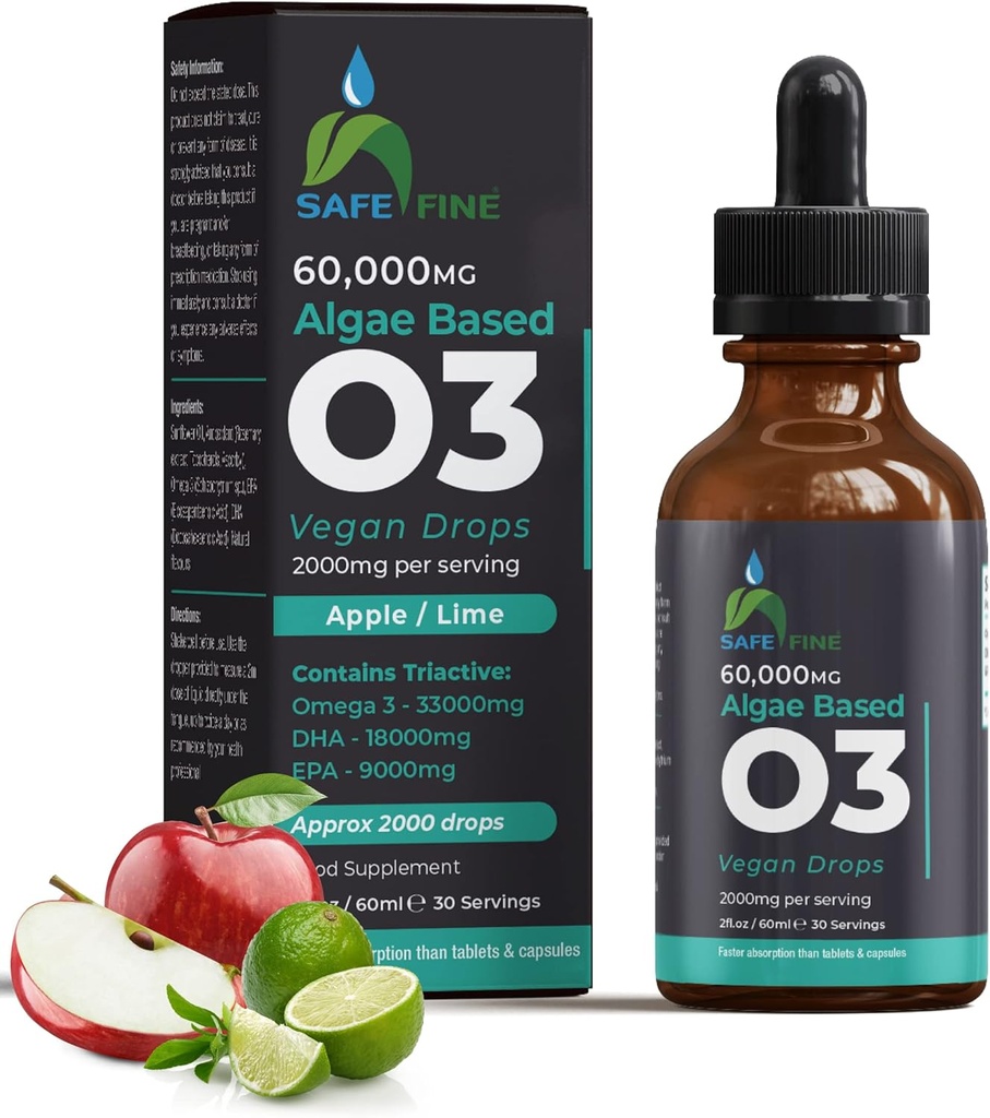 Omega 3 Liquid Vegan Drops - DHA & EPA dari Algae Oil - 60 ml Dropper Bottle - 2000 mg per Serving - Support Overall Body Wellness Supplemen untuk Seluruh Keluarga