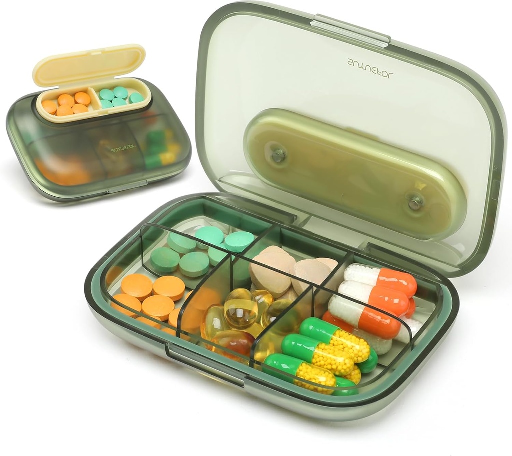Toplive 6 Kompartemen Kasus Pill Kecil Travel Pill Organizer Pocket Travel Case Portable Pil Kecil Kontainer dengan Magnet Light- Bukti Kotak Pil Mini, Hijau