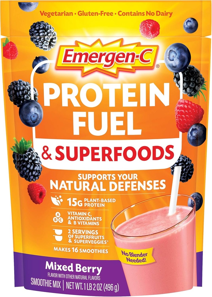 Emergen- C Protein Powder Bahan bakar & Superfoods (16 Servis, Campuran Berry Flavor) Plant - Based & Vegetarian Shake Mix Dengan Superfoods Organik, Vitamin C & Other Antioksidants