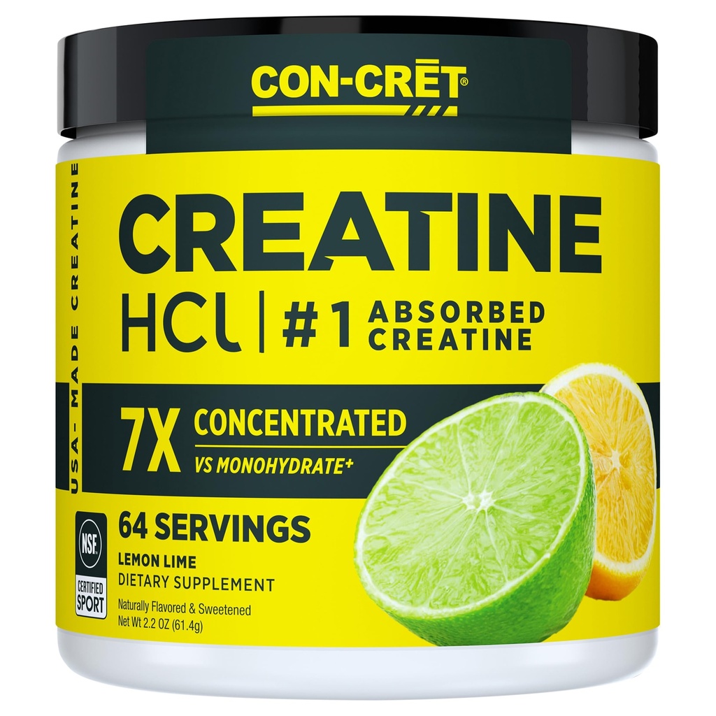KON-CRET Creatine HCl Powder 124; Muscle, Cognitive, Cellular Energy Support; No Bloating or Cramps 12.4; USA Made & NSF Certified 124; Lemon Lime (64 Serving)