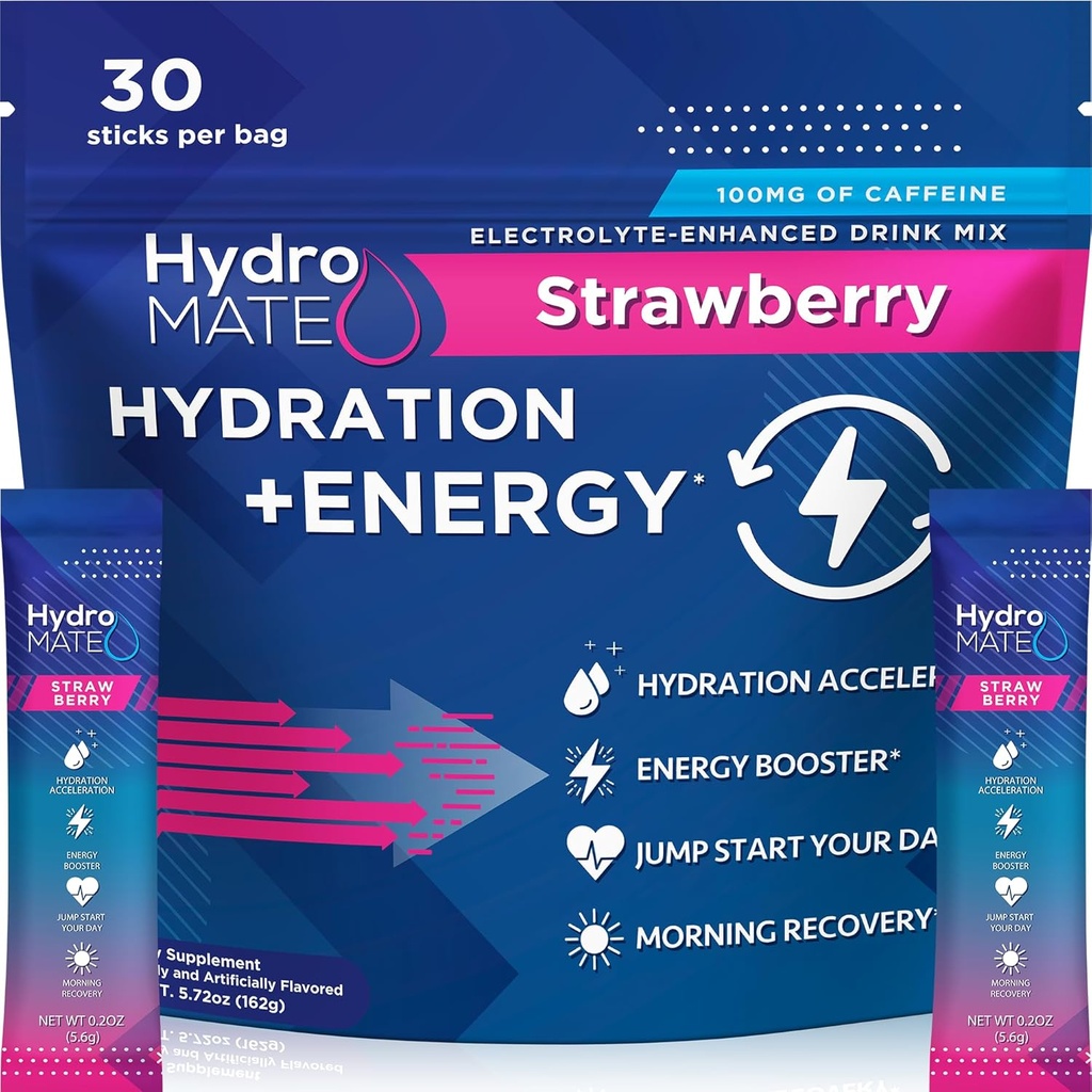 HydroMATE Electrolytes Powder Drink Mix Packet Hidration Accelerator Low Sugar Rapid Relief Party Vitamin C Plus Caffeine Strawberry 30 Count