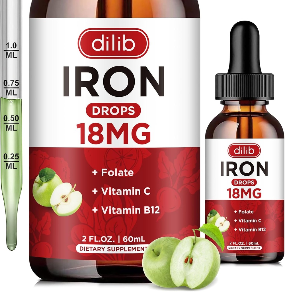Tambahan Besi Liquid untuk Perempuan & Men Iron Drops Besi Suplemen untuk Anemia dengan Folate, Vitamin C, B12 untuk Red Blood Cell Support- Green Apple Flavor, 2 Fl Oz